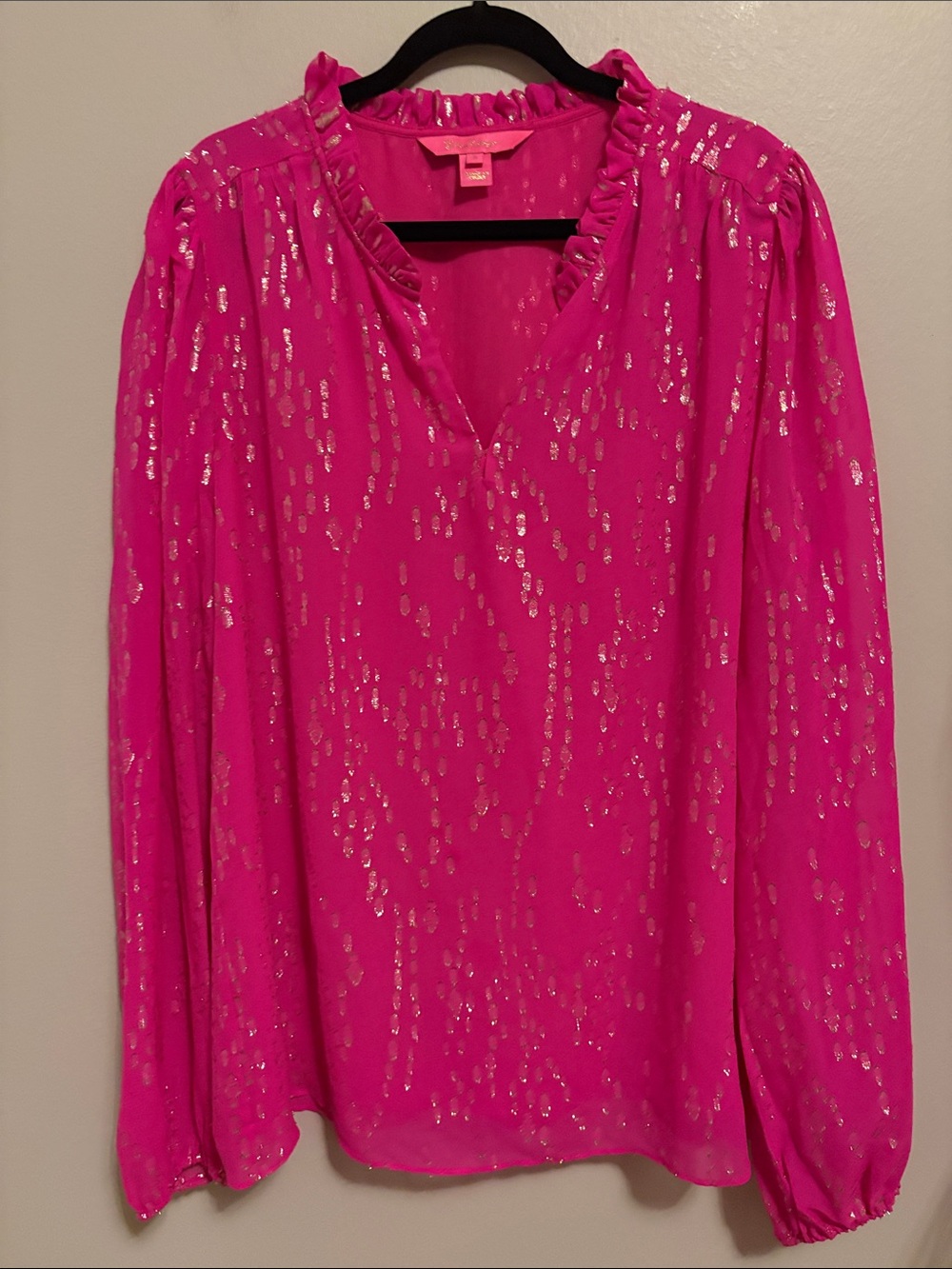 Lilly Pulitzer Fuschia Metallic Accent V-Neck Silk Blouse